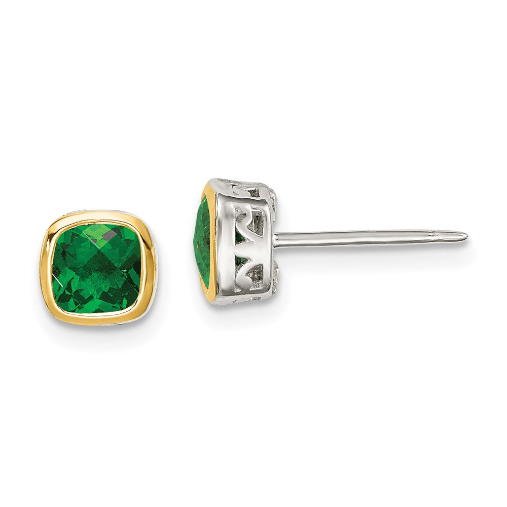 Sterling Silver RH-pltd w/14k Accent Creat. Emerald Square Stud Earrings