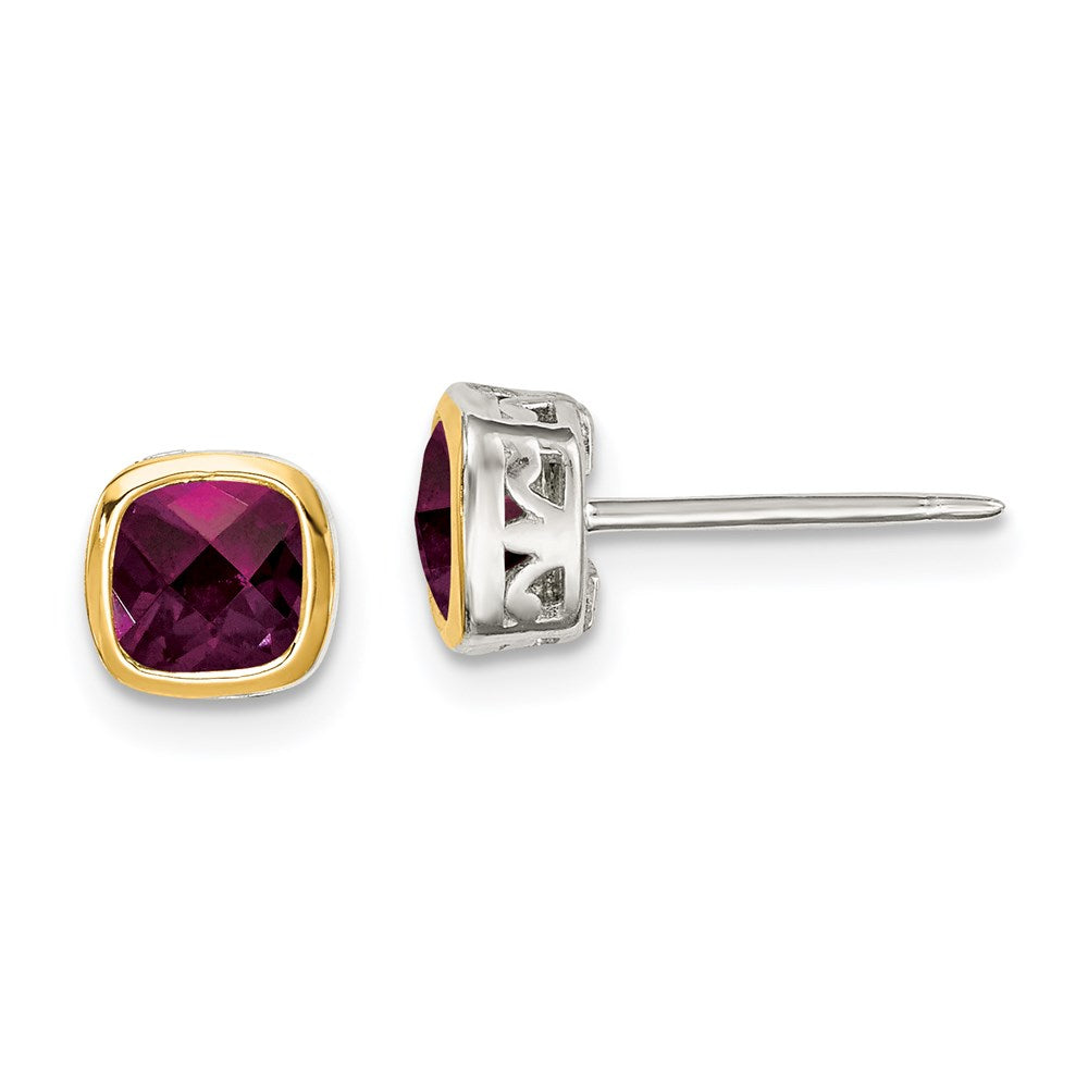 Sterling Silver RH-pltd w/14k Accent Rhod. Garnet Square Stud Earrings