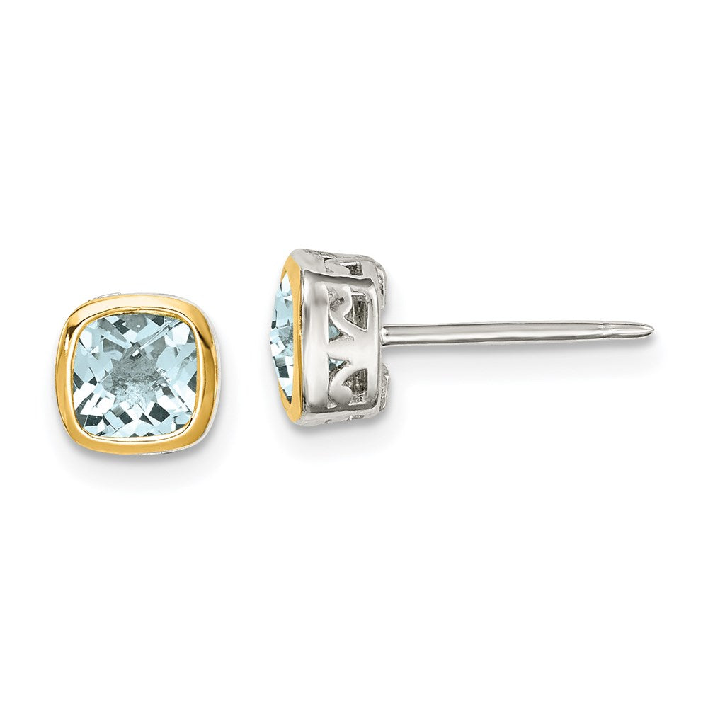 Sterling Silver RH-pltd w/14k Accent Aquamarine Square Stud Earrings
