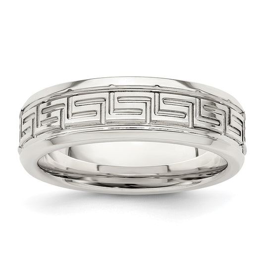 Sterling Silver 6mm Polished Greek Key Flat Band Size 7.5