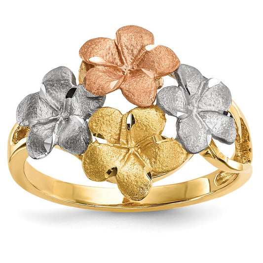14k Two-tone w/White Rhodium Polished & Satin D/C 4-Plumeria Ring