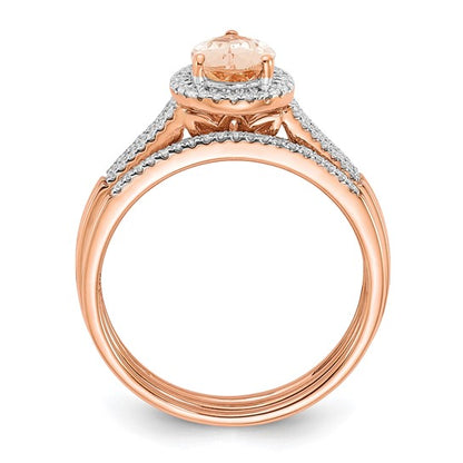 14k Rose Gold Pear Morganite and Diamond Halo Bridal Set