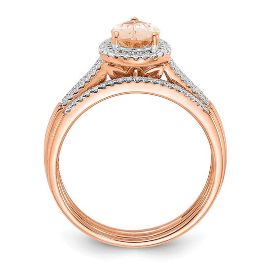 14k Rose Gold Pear Morganite and Diamond Halo Bridal Set