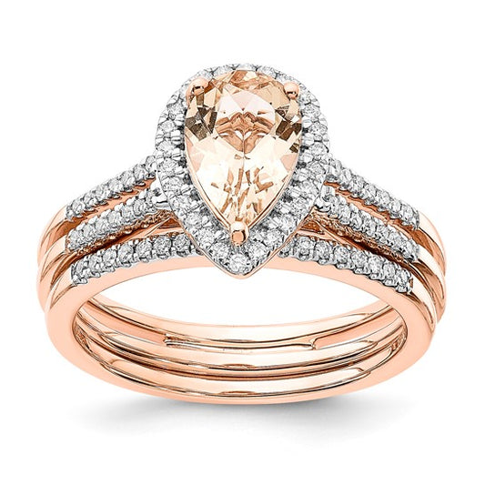 14k Rose Gold Pear Morganite and Diamond Halo Bridal Set