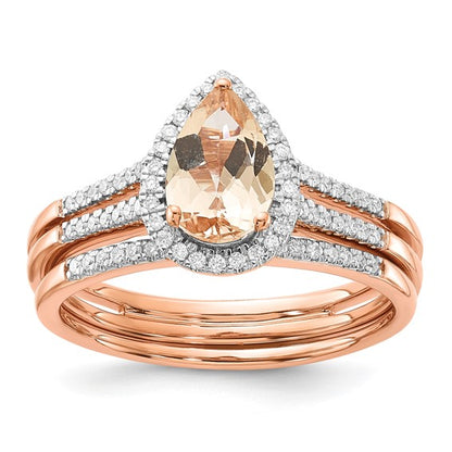 14k Rose Gold Pear Morganite and Diamond Halo Bridal Set