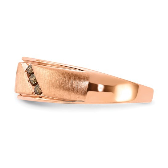 10k Rose Gold Polished and Satin White and Brown Diamond Mens Ring