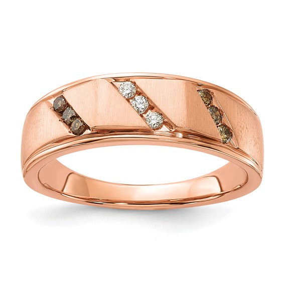 10k Rose Gold Polished and Satin White and Brown Diamond Mens Ring