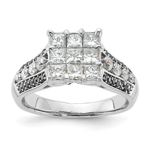 14k White Gold Black and White Square Center Cluster Diamond Ring