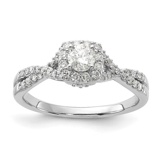 14k White Gold Polished Diamond Halo Twisted Engagement Ring