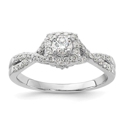 14k White Gold Polished Diamond and CZ Center Halo Twisted Engagement Ring