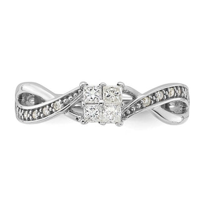10k White Gold Polished Square Diamond Cluster and Twisted Ring