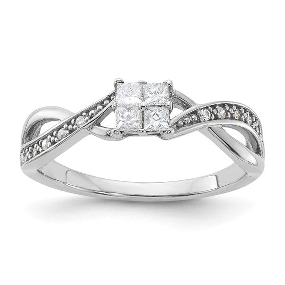 10k White Gold Polished Square Diamond Cluster and Twisted Ring