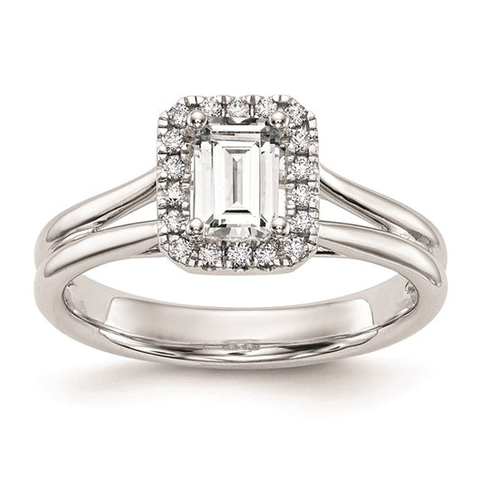 14k White Gold Halo (Holds 1/4 carat (4.5x3mm) Emerald-cut Center) 1/20 carat Diamond Semi-mount Split Shank Engagement Ring