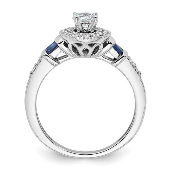 14K White Gold Halo Plus (Holds 3/8 carat (4.5mm) Round Center) 1/5 carat Diamond and Sapphire Semi-Mount Engagement Ring