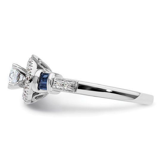 14K White Gold Halo Plus (Holds 3/8 carat (4.5mm) Round Center) 1/5 carat Diamond and Sapphire Semi-Mount Engagement Ring