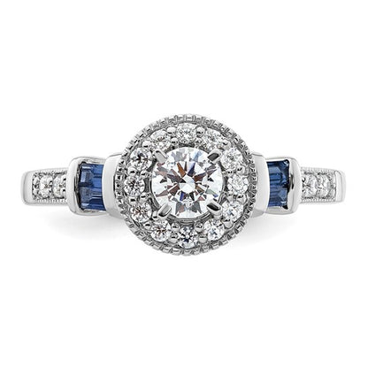 14K White Gold Halo Plus (Holds 3/8 carat (4.5mm) Round Center) 1/5 carat Diamond and Sapphire Semi-Mount Engagement Ring