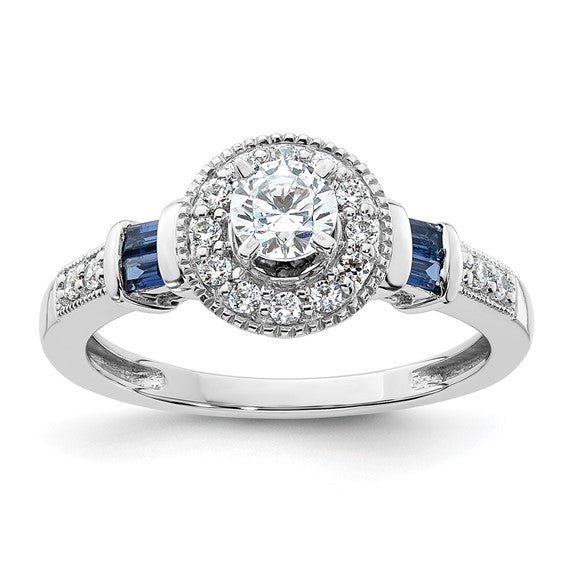 14K White Gold Halo Plus (Holds 3/8 carat (4.5mm) Round Center) 1/5 carat Diamond and Sapphire Semi-Mount Engagement Ring