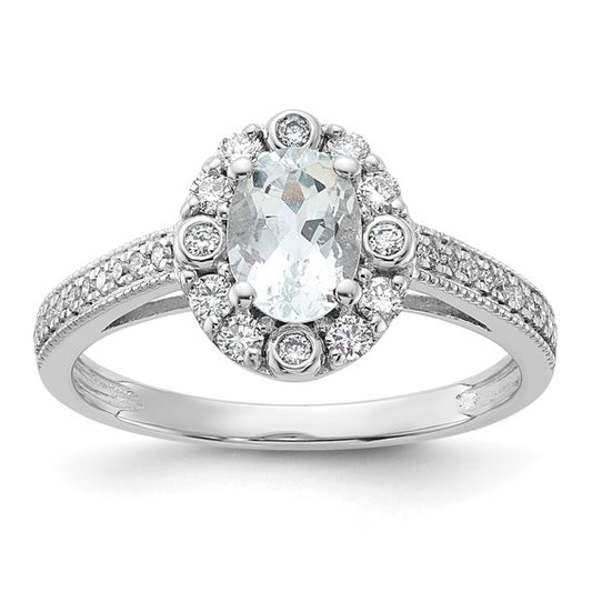 14k White Gold Aquamarine and Diamond Halo Ring