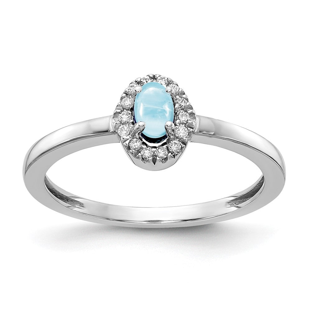 14k White Gold Diamond and Oval Cabochon Aquamarine Ring