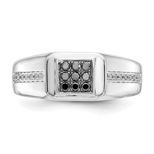 14k White Gold White and Black Diamond Square Mens Ring