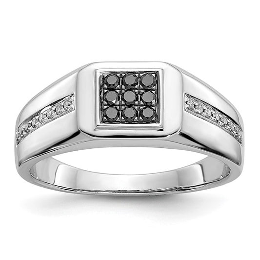 14k White Gold White and Black Diamond Square Mens Ring