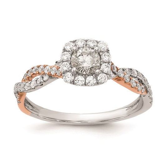 14k White and Rose Gold Halo Plus (Holds 1/3 carat (4.5mm) Round Center) 3/8 carat Diamond Semi-mount Engagement Ring