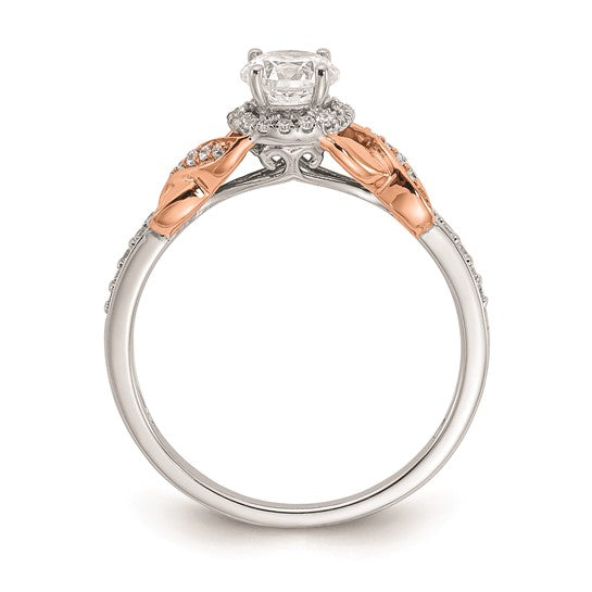 14k White and Rose Gold Halo Plus (Holds 1/2 carat (5.00mm) Round Center) 1/6 carat Diamond Semi-mount Engagement Ring