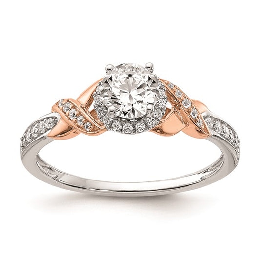 14k White and Rose Gold Halo Plus (Holds 1/2 carat (5.00mm) Round Center) 1/6 carat Diamond Semi-mount Engagement Ring