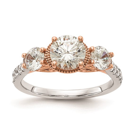 14k White and Rose Gold 3-Stone (Holds 1 carat (6.5mm) Round Center and (2-4.6mm) Round Sides) Diamond Semi-mount Engagement Ring