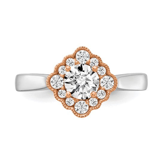 True Origin 14K Two-tone 1/4 carat Lab Grown Diamond VS/SI D E F Round Semi Mount Fancy Halo Engagement Ring