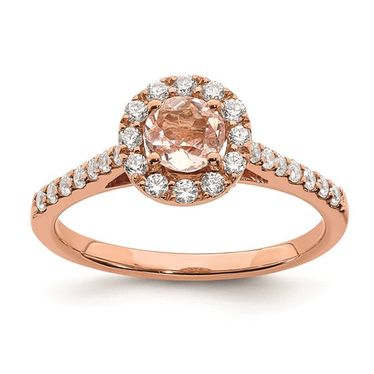 Blooming Bridal 14k Rose Gold Halo 5.2mm Round Morganite and 3/8 carat Diamond Complete Engagement Ring