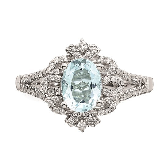 Blooming Bridal 14k White Gold Vintage Halo 8x6mm Oval Aquamarine and 1/4 carat Diamond Complete Engagement Ring