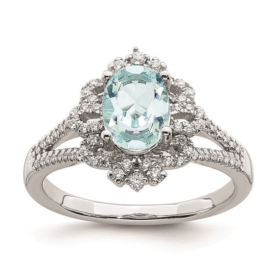 Blooming Bridal 14k White Gold Vintage Halo 8x6mm Oval Aquamarine and 1/4 carat Diamond Complete Engagement Ring