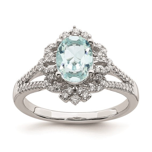 Blooming Bridal 14k White Gold Vintage Halo 8x6mm Oval Aquamarine and 1/4 carat Diamond Complete Engagement Ring