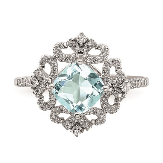 Blooming Bridal 14k White Gold Vintage 7.00mm Cushion-cut Aquamarine and 1/3 carat Diamond Complete Engagement Ring