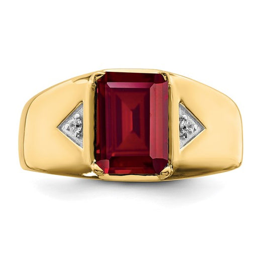 14k Emerald-cut Created Ruby and Diamond Polished Mens Ring