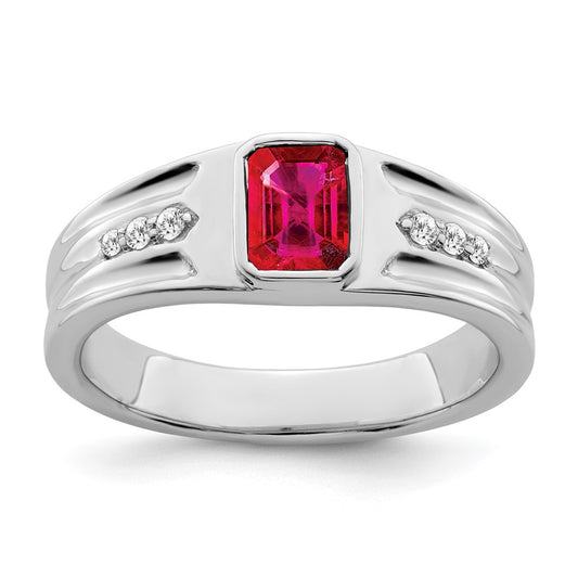 14k White Gold Created Ruby and Diamond Mens Ring