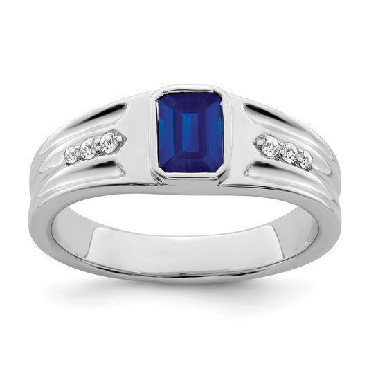 14k White Gold Created Sapphire and Diamond Mens Ring