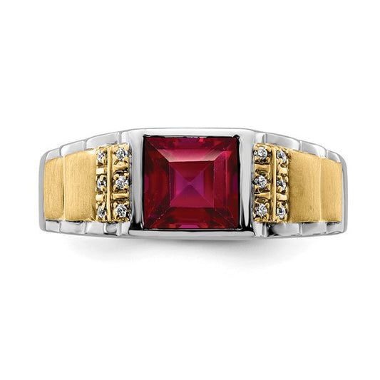 14k Two-tone Created Ruby and Diamond Mens Ring