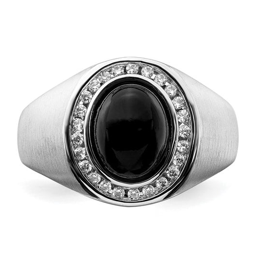14k White Gold Oval Onyx and Diamond Mens Ring