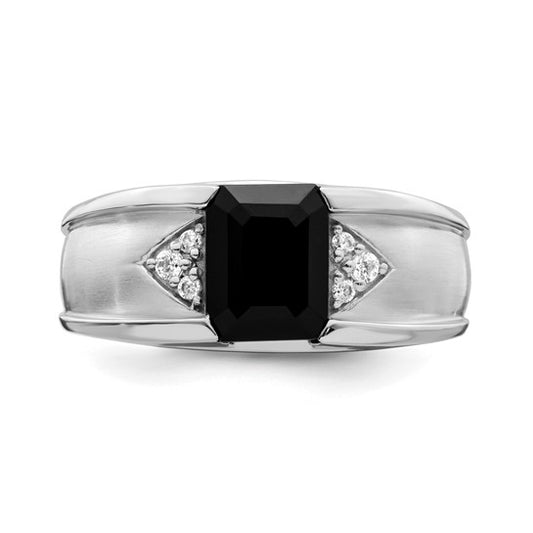 14k White Gold Onyx and Diamond Mens Ring
