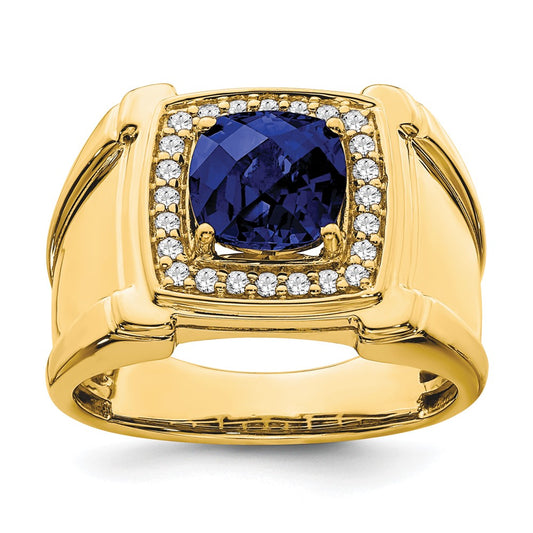 14k Created Checkerboard Sapphire and Diamond Mens Ring