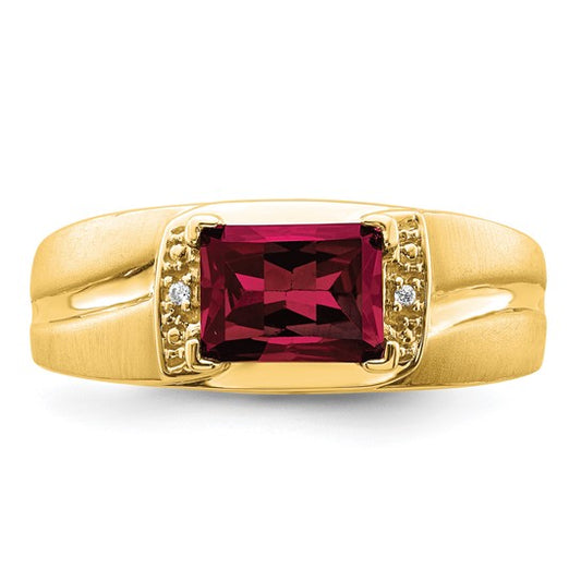 14k Emerald-cut Created Ruby and Diamond Mens Ring
