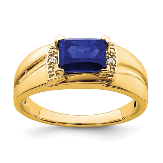 14k Emerald-cut Created Sapphire and Diamond Mens Ring