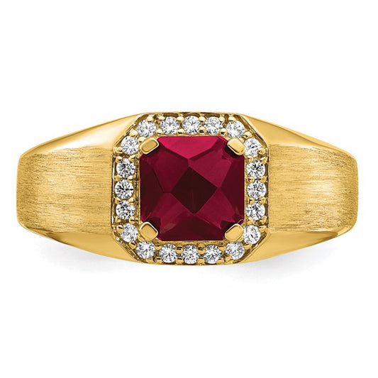 14k Cushion Created Ruby and Diamond Mens Ring