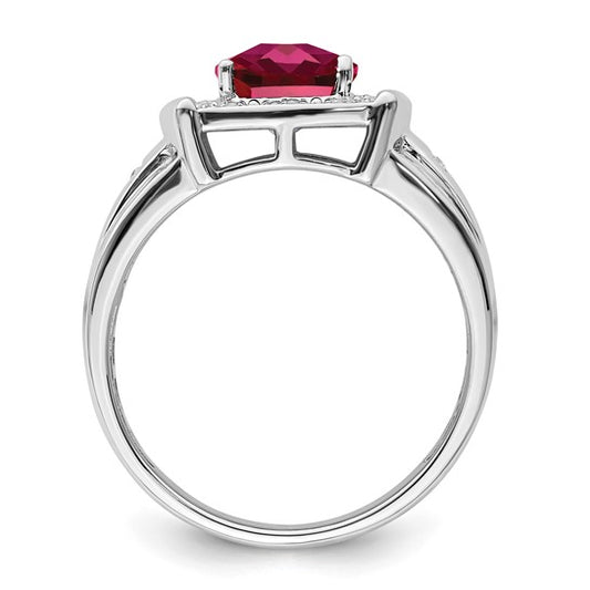 14k White Gold Cushion Created Ruby and Diamond Mens Ring