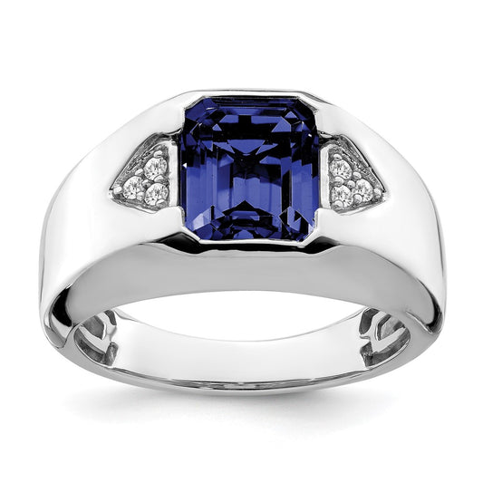 14k White Gold Emerald-cut Created Sapphire and Diamond Mens Ring