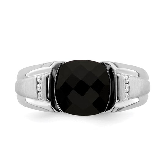 14k White Gold Onyx and Diamond Mens Ring
