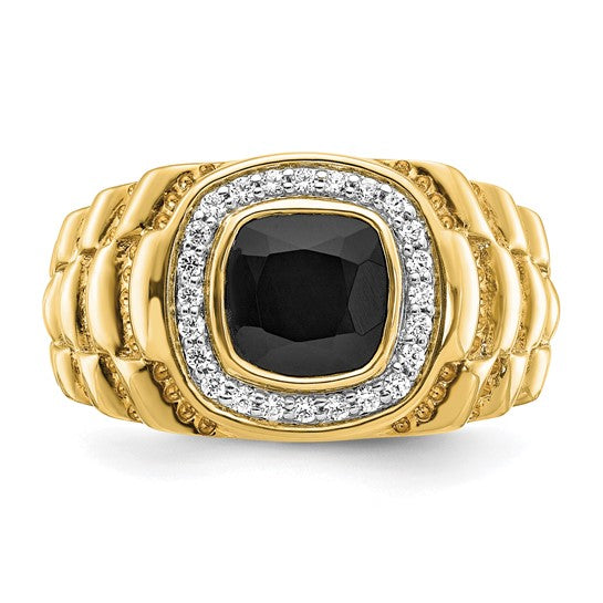 14k Onyx and Diamond Textured Mens Ring