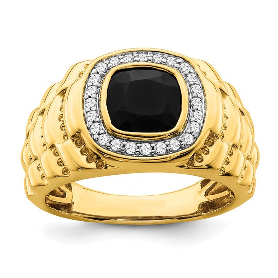 14k Onyx and Diamond Textured Mens Ring